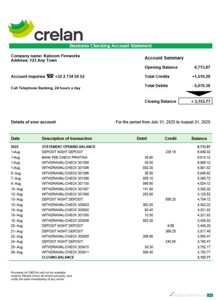 Download Crelan bank company checking account statement Word and PDF format Photoshop template